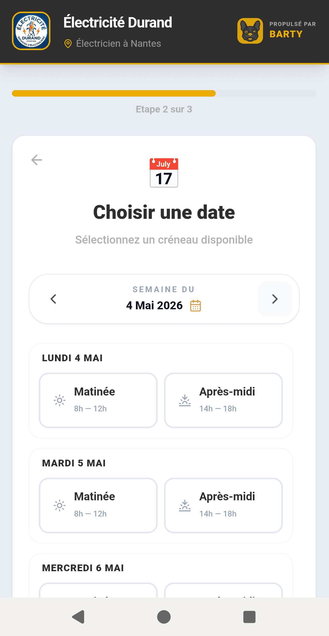 Page de réservation Barty : le client choisit une date et un créneau