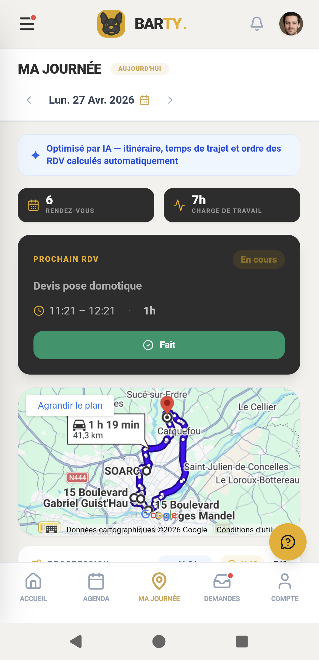 Ma journée Barty sur mobile